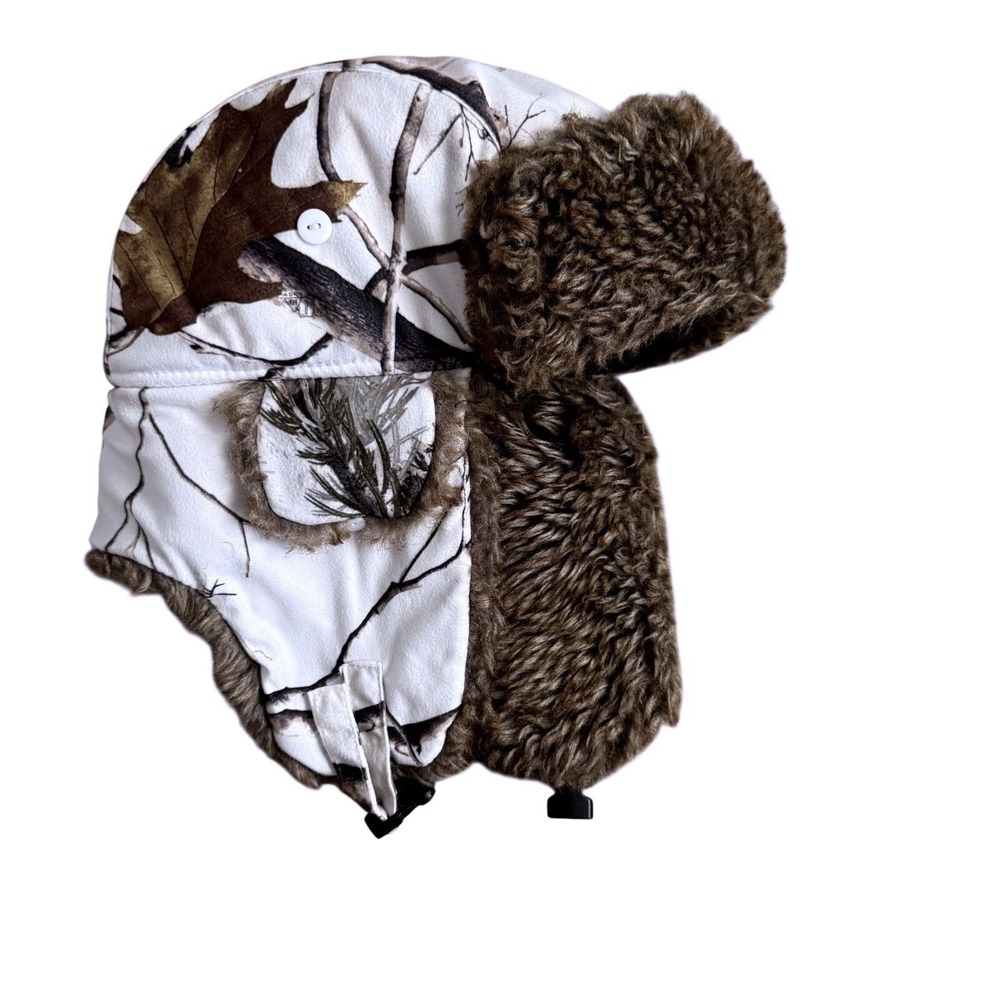 Real Tree Snow Camo Bomber Hat Browns Faux Fur Buckle Lined * - Picture 4 of 9